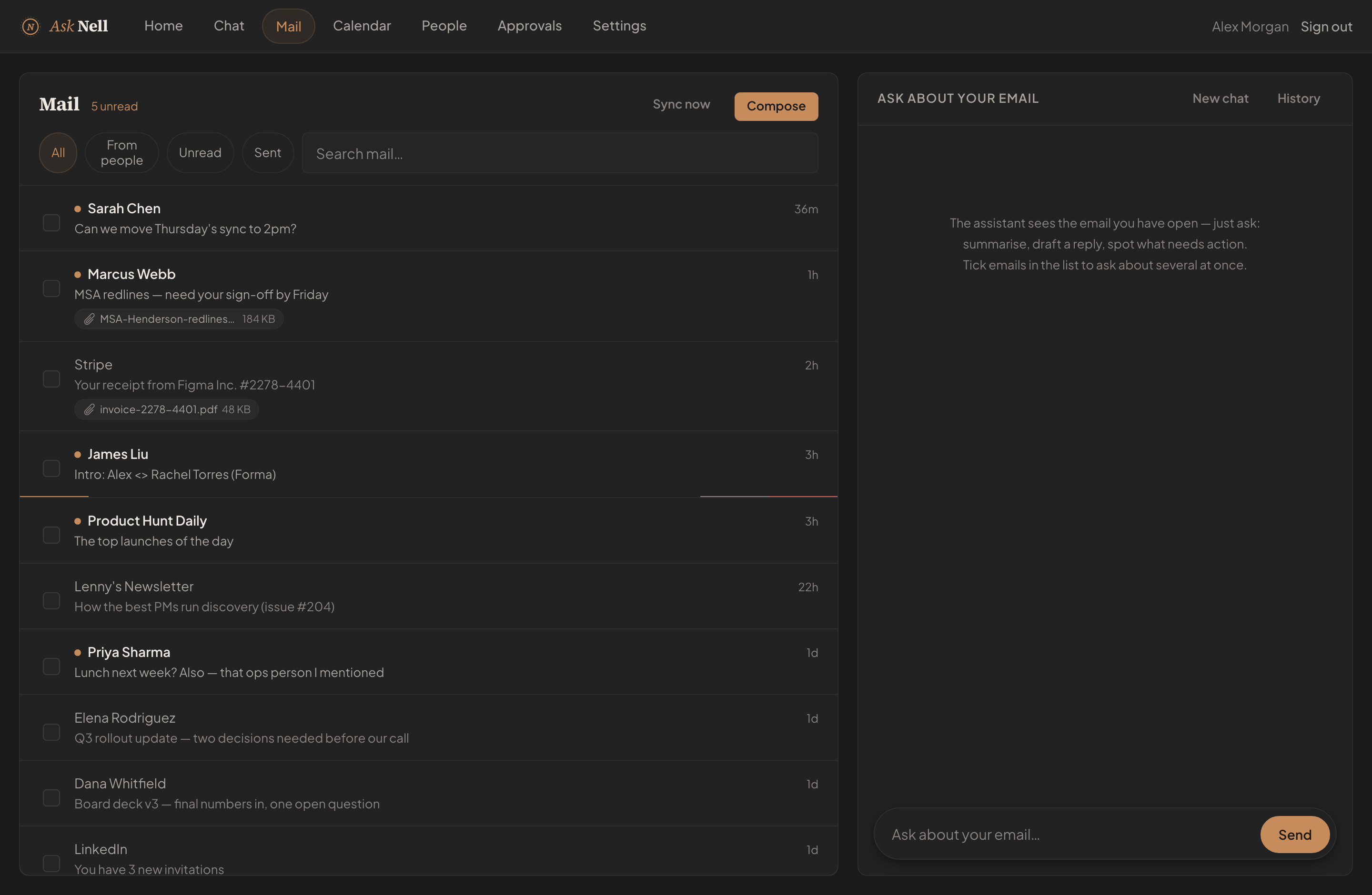 Ask Nell mail workspace with a drafted reply awaiting approval